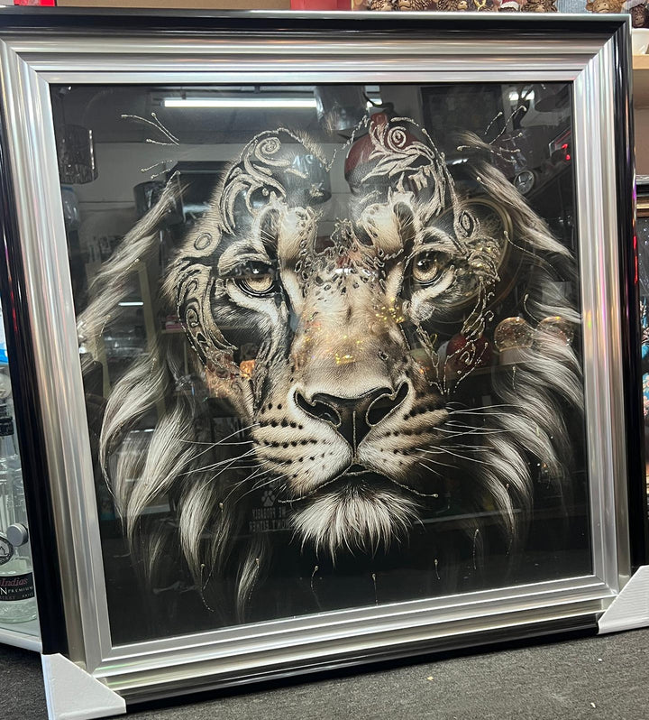Lion bold Tribal face Tattoo Wall Art Jungle Black Silver Framed Picture