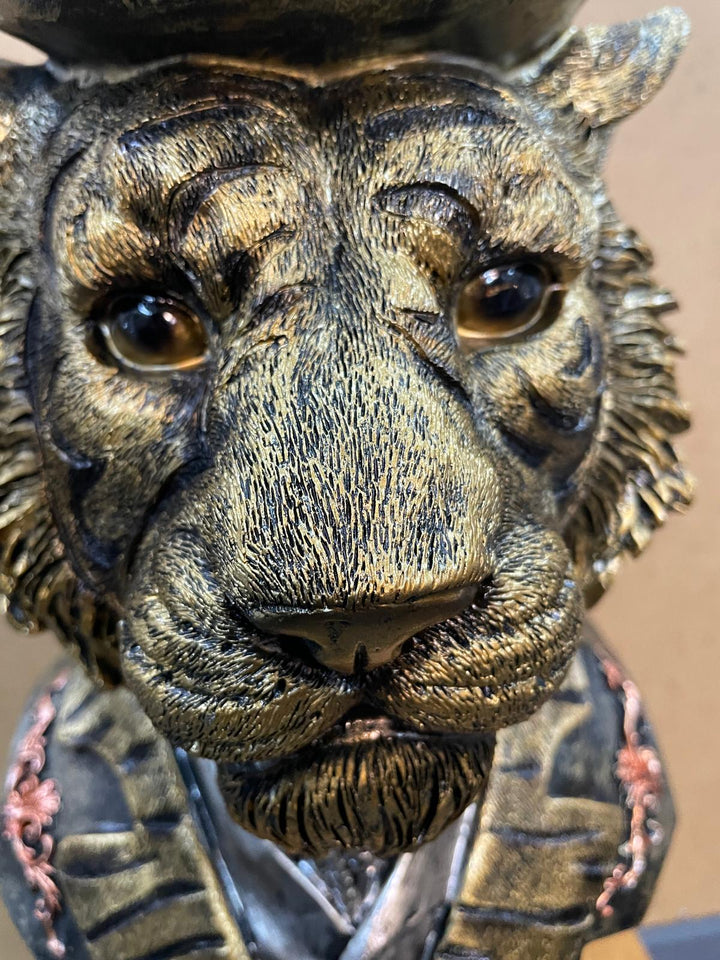 TIGER Bust Figurine Statue Brushed Gold Art  Ornament w/ Hat Feather Suit Home Decor