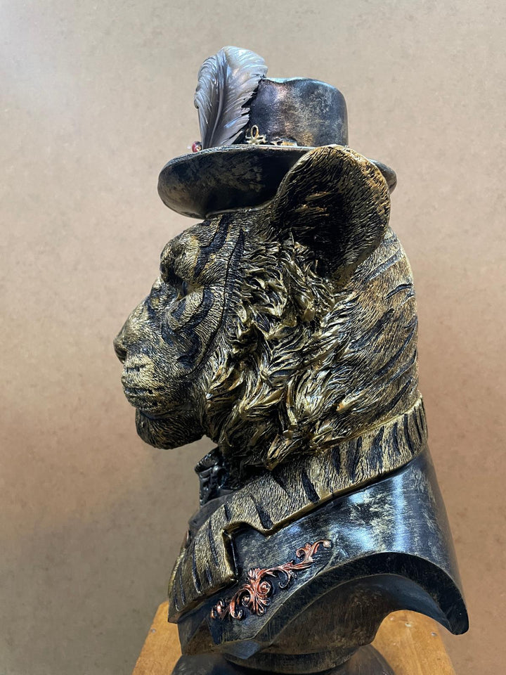TIGER Bust Figurine Statue Brushed Gold Art  Ornament w/ Hat Feather Suit Home Decor
