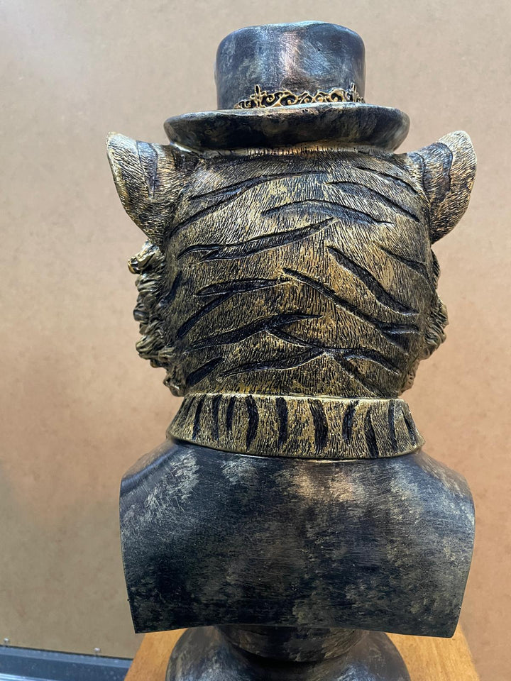 TIGER Bust Figurine Statue Brushed Gold Art  Ornament w/ Hat Feather Suit Home Decor