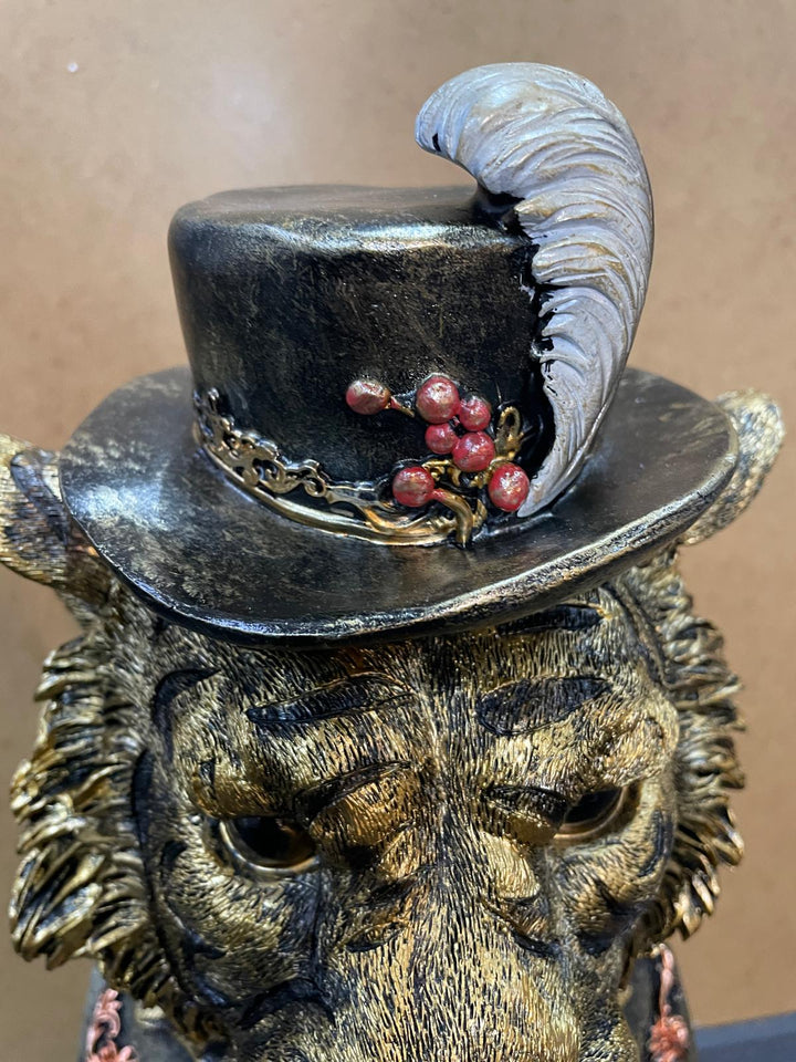 TIGER Bust Figurine Statue Brushed Gold Art  Ornament w/ Hat Feather Suit Home Decor