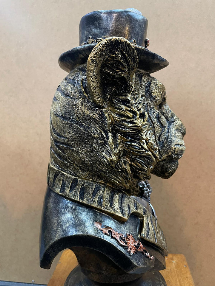 TIGER Bust Figurine Statue Brushed Gold Art  Ornament w/ Hat Feather Suit Home Decor
