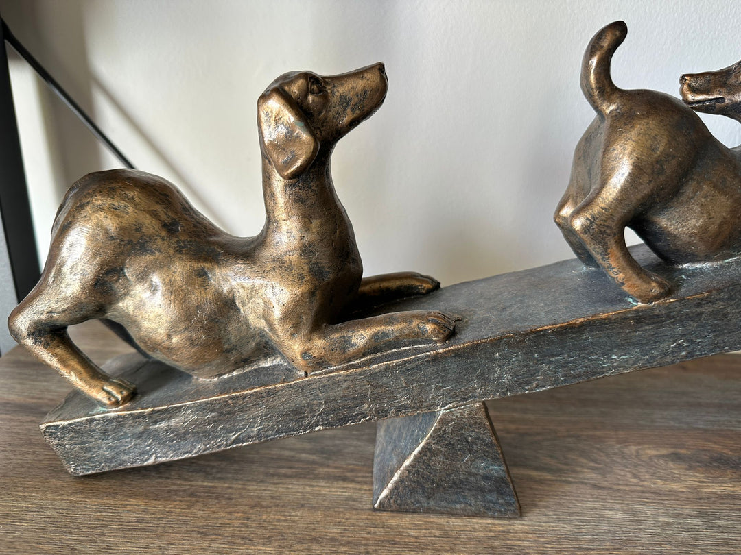 Bronze Colour Resin See-Saw Dog Figurine | Decorative Pet Dog Ornament Home Décor