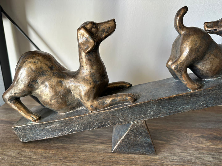 Bronze Colour Resin See-Saw Dog Figurine | Decorative Pet Dog Ornament Home Décor