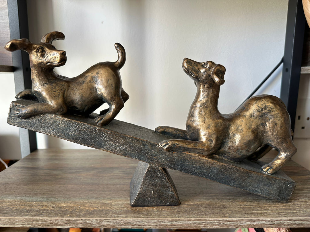 Bronze Colour Resin See-Saw Dog Figurine | Decorative Pet Dog Ornament Home Décor