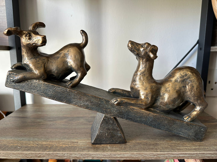 Bronze Colour Resin See-Saw Dog Figurine | Decorative Pet Dog Ornament Home Décor