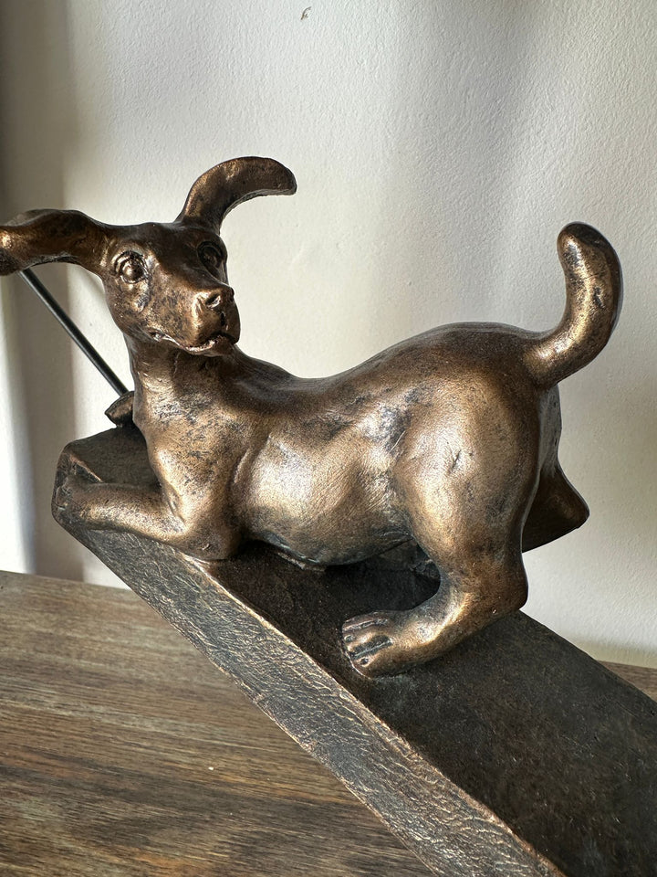 Bronze Colour Resin See-Saw Dog Figurine | Decorative Pet Dog Ornament Home Décor