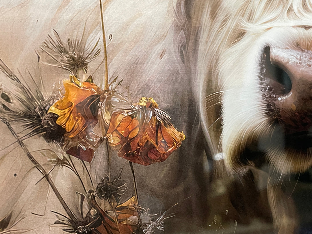 Highland cow with flowers Tempered Glass Wall Art 30CM