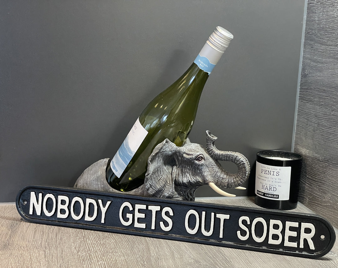 NOBODY GETS OUT SOBER-black & white cast Iron sign