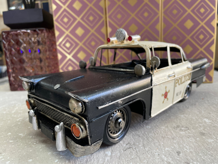 Black white police car vintage transport rustic collectable model