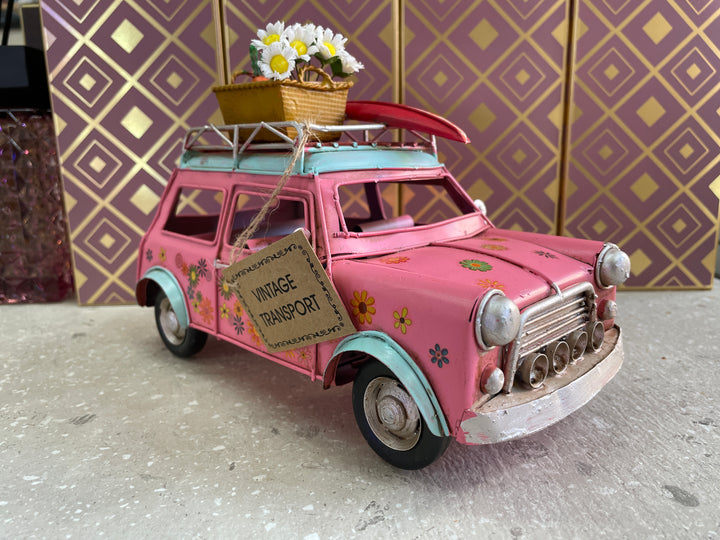 Pink Mini car rustic tin vintage transport collectable model