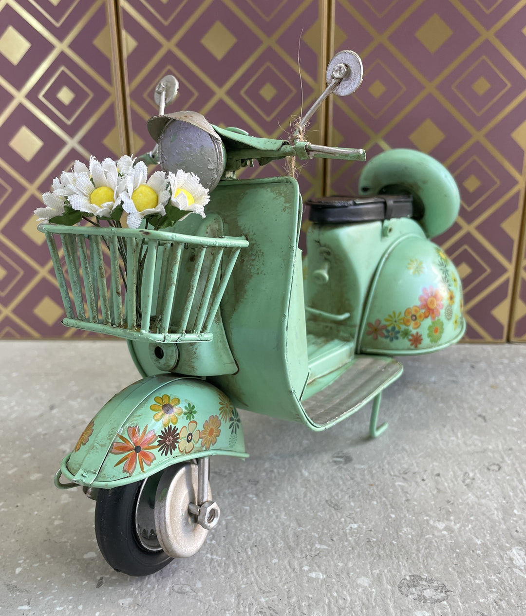 Vintage Lambretta Scooter Tin Model – Red, Yellow, Green, Pink & Purple Floral Retro Transport Collectible Décor