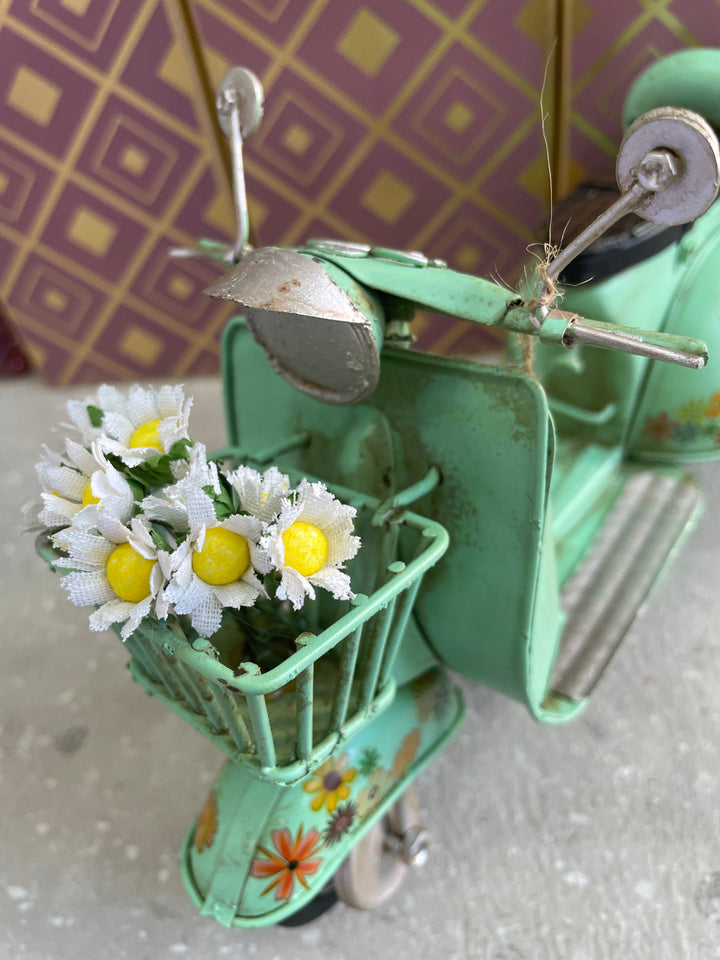 Vintage Lambretta Scooter Tin Model – Red, Yellow, Green, Pink & Purple Floral Retro Transport Collectible Décor