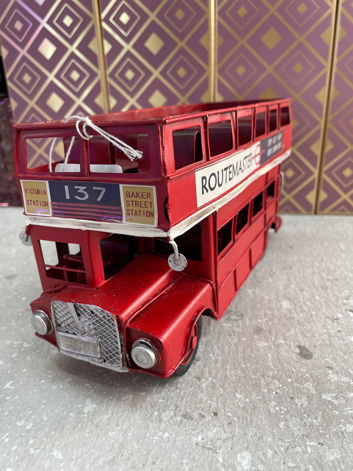 Red double decker routemaster open top vintage transport tin model