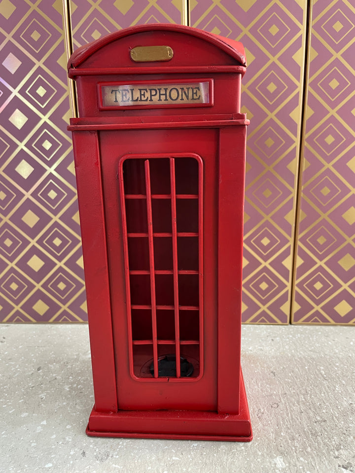 Red London telephone booth money box retro vintage tin model