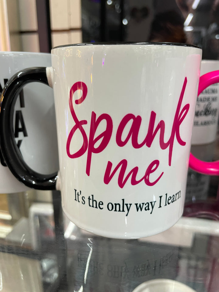White, pink & black SPANK ME ceramic handmade mug