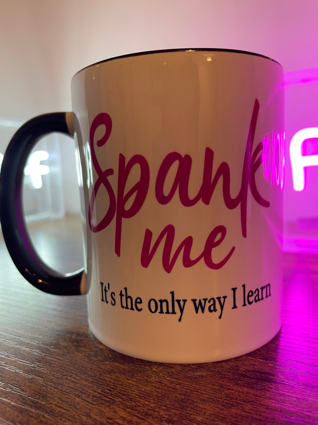 White, pink & black SPANK ME ceramic handmade mug