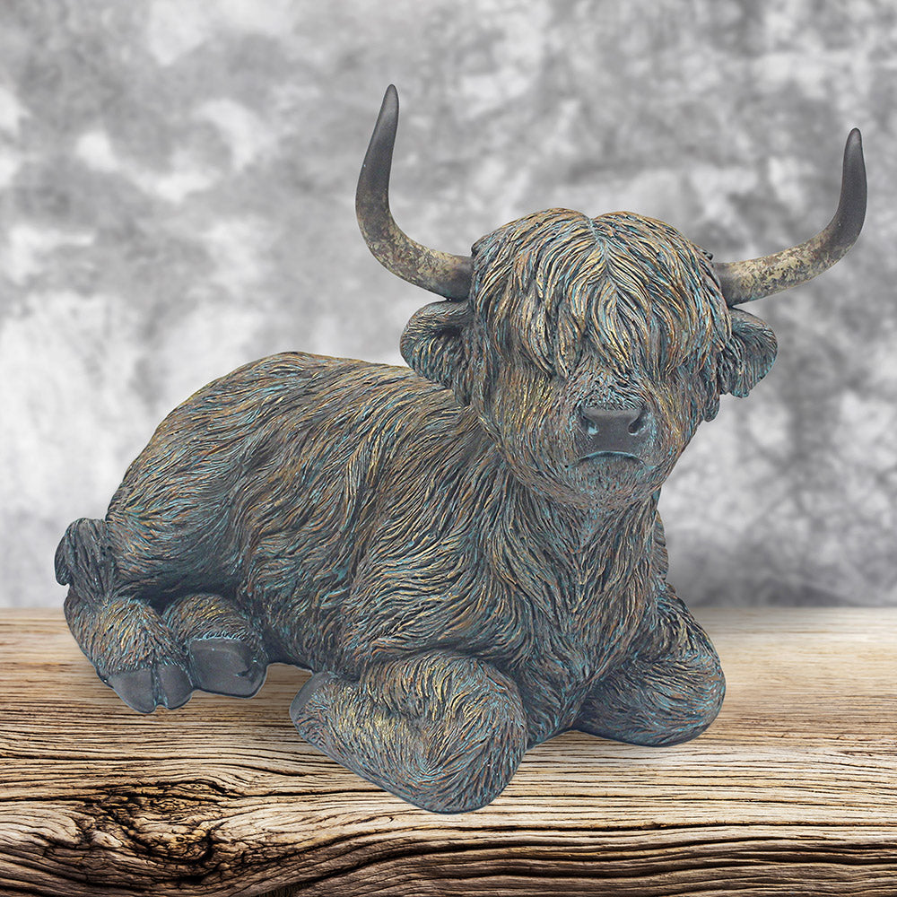 Teal & Bronze Highland Cow Ornaments – Standing, Sitting and Bust Figurines – Rustic Glam Statement Pieces