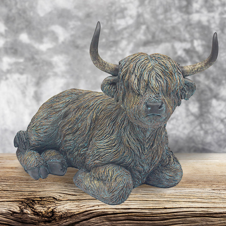 Teal & Bronze Highland Cow Ornaments – Standing, Sitting and Bust Figurines – Rustic Glam Statement Pieces