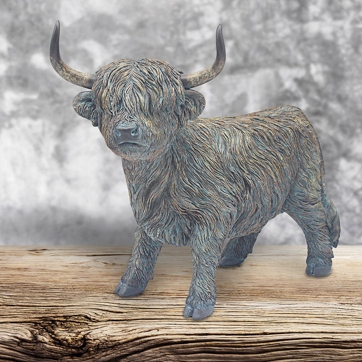 Teal & Bronze Highland Cow Ornaments – Standing, Sitting and Bust Figurines – Rustic Glam Statement Pieces