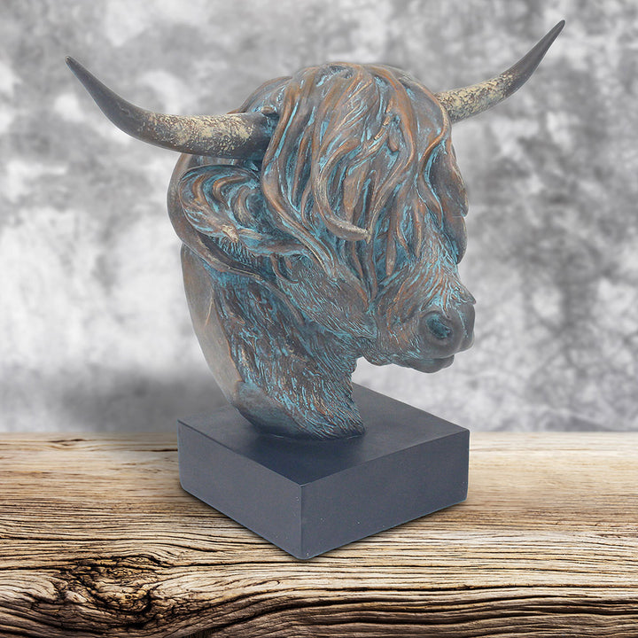 Teal & Bronze Highland Cow Ornaments – Standing, Sitting and Bust Figurines – Rustic Glam Statement Pieces
