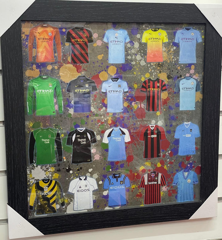 Black Framed Wall Art Manchester City FC football club picture miniature strips