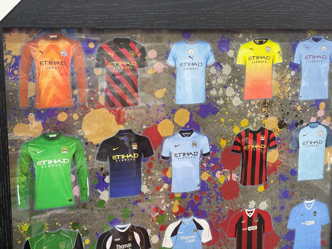 Black Framed Wall Art Manchester City FC football club picture miniature strips