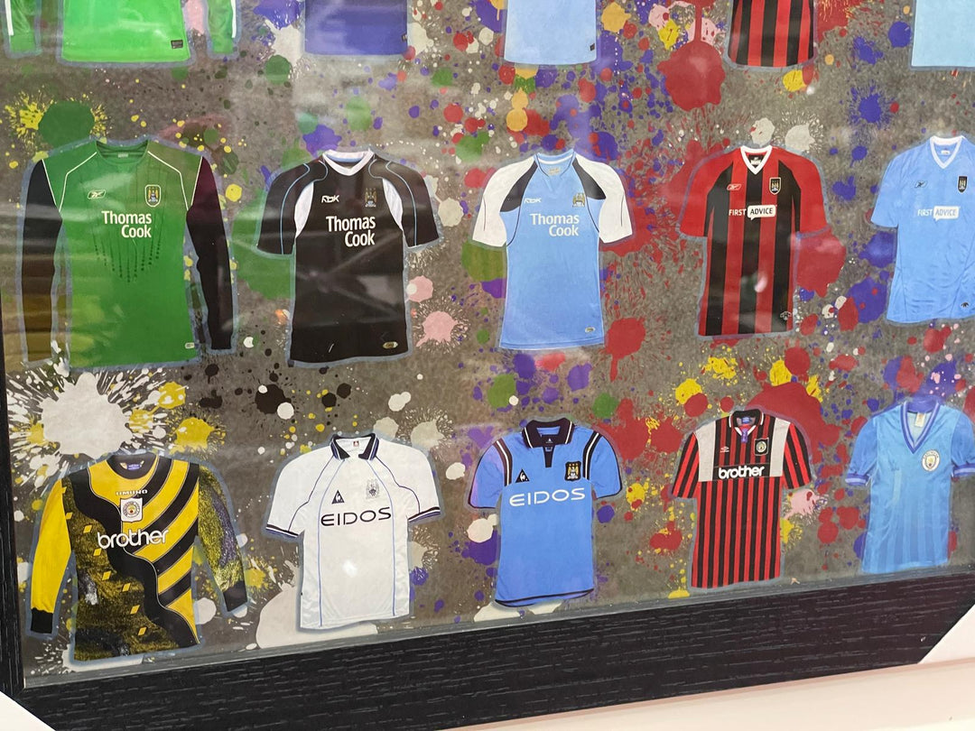 Black Framed Wall Art Manchester City FC football club picture miniature strips