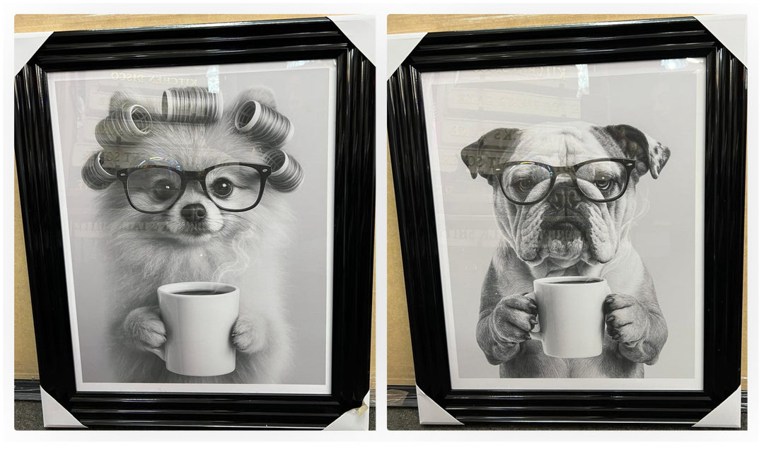 Dogs Drinking Coffee Wall Art Print Quirky Black & White Picture Black Frame