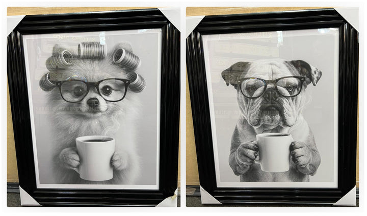 Dogs Drinking Coffee Wall Art Print Quirky Black & White Picture Black Frame