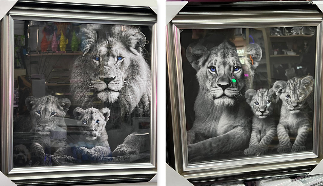 Lion with 2 cubs black & silver framed step majestic animal home decor