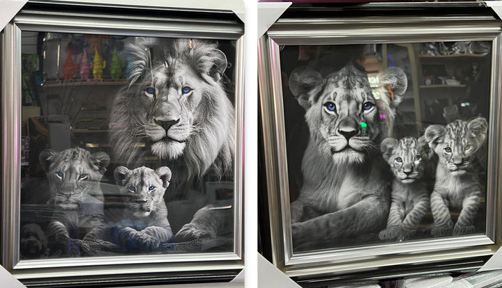 Lion with 2 cubs black & silver framed step majestic animal home decor