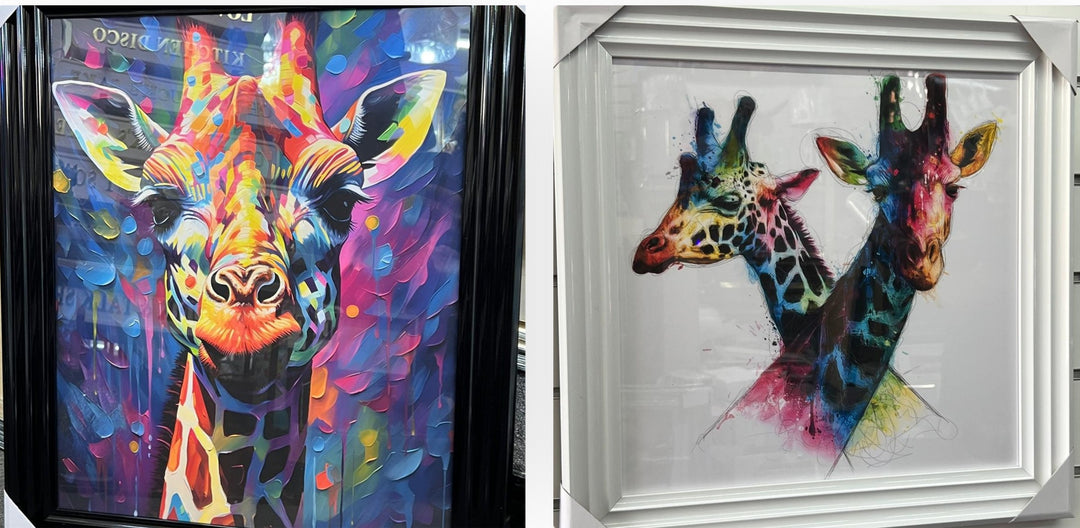 White or black framed Giraffe picture multi coloured wall art animal home décor
