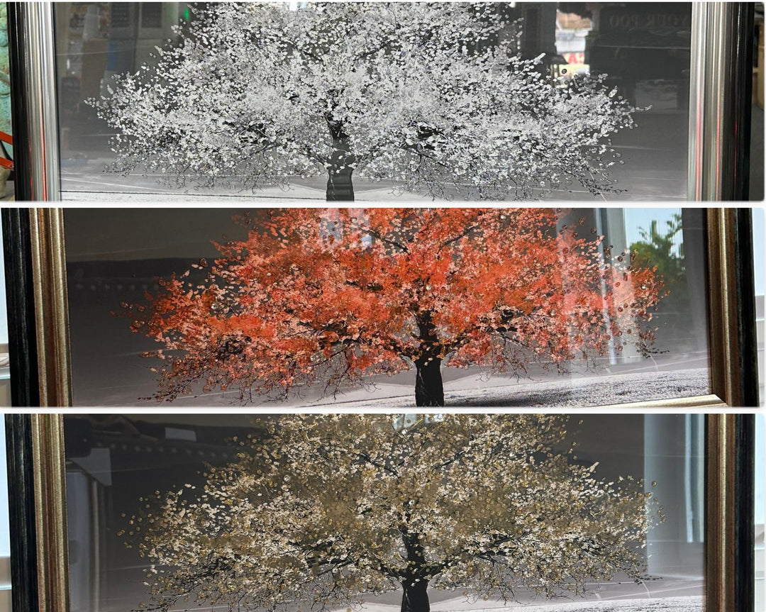 Elegant Black & Gold Two Tone framed Blossom Trees  white orange & gold Art with Liquid Art and Crystals-Assorted colours