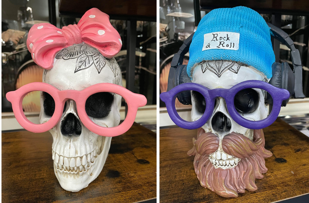 Skeleton with pink bow & blue headphones quirky ornament resin decorative decor