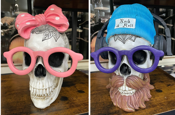 Skeleton with pink bow & blue headphones quirky ornament resin decorative decor