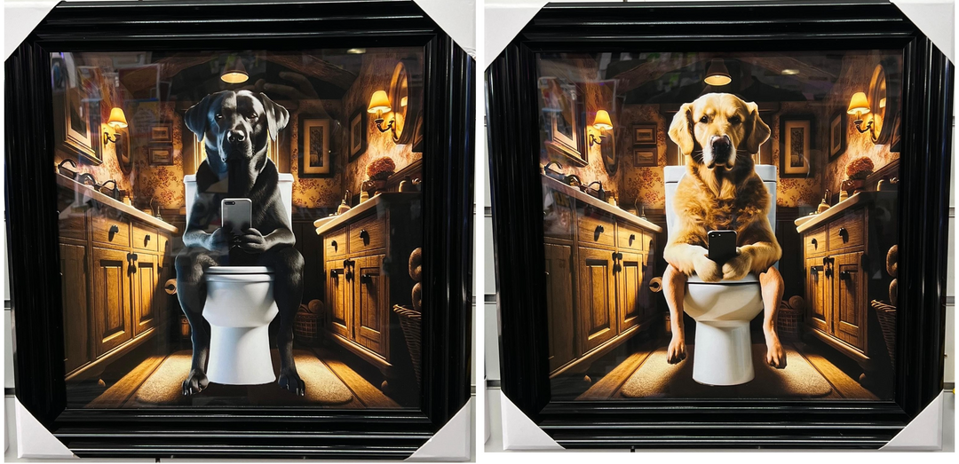 Framed Black step labrador dog picture with mobile on the toilet wall art decor