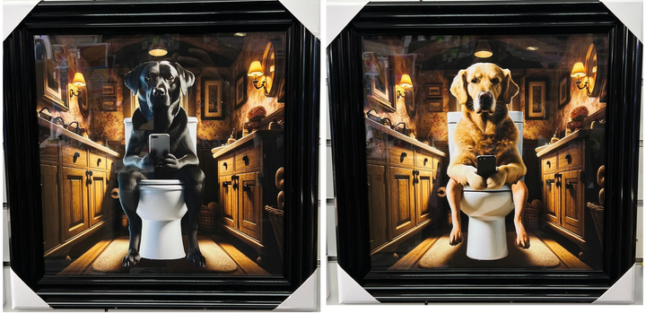 Framed Black step labrador dog picture with mobile on the toilet wall art decor