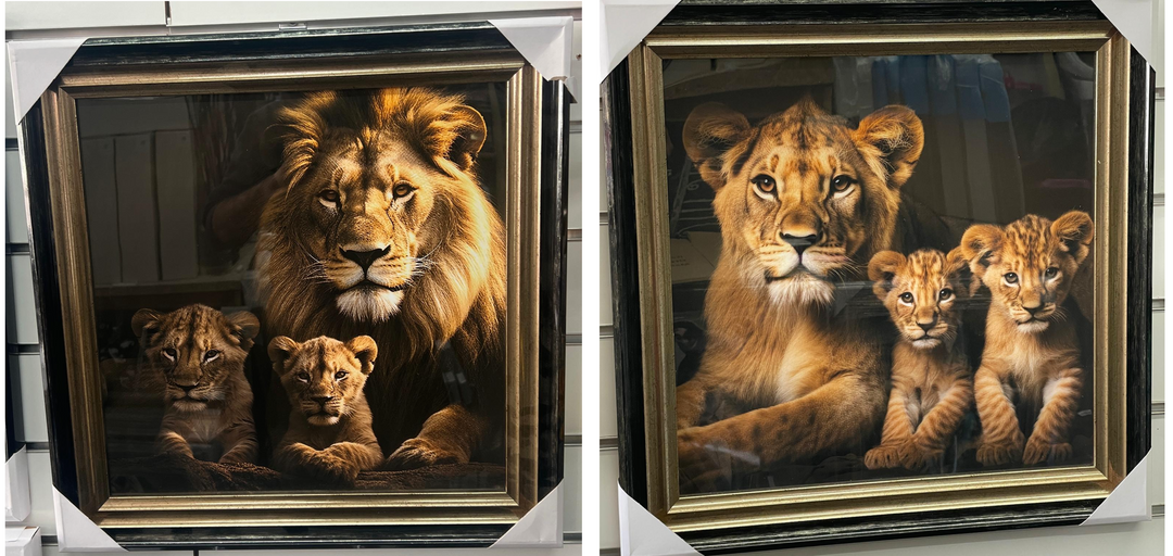 Lion, lioness with 2 cubs black & gold framed step majestic animal picture