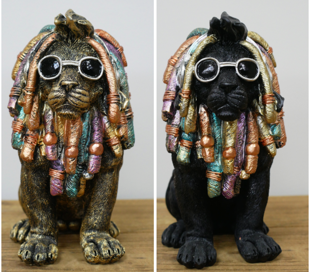 Lion sitting with Dreadlocks rasta in Black & gold resin quirky decorative ornament