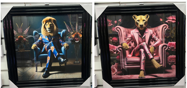 Lion Blue/Lioness Pink Floral Suit Quirky Wall Art Black Framed Animal picture