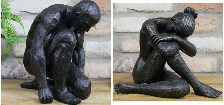 Sitting Woman & Kneeling Man statue Figurines black resin decorative Ornaments