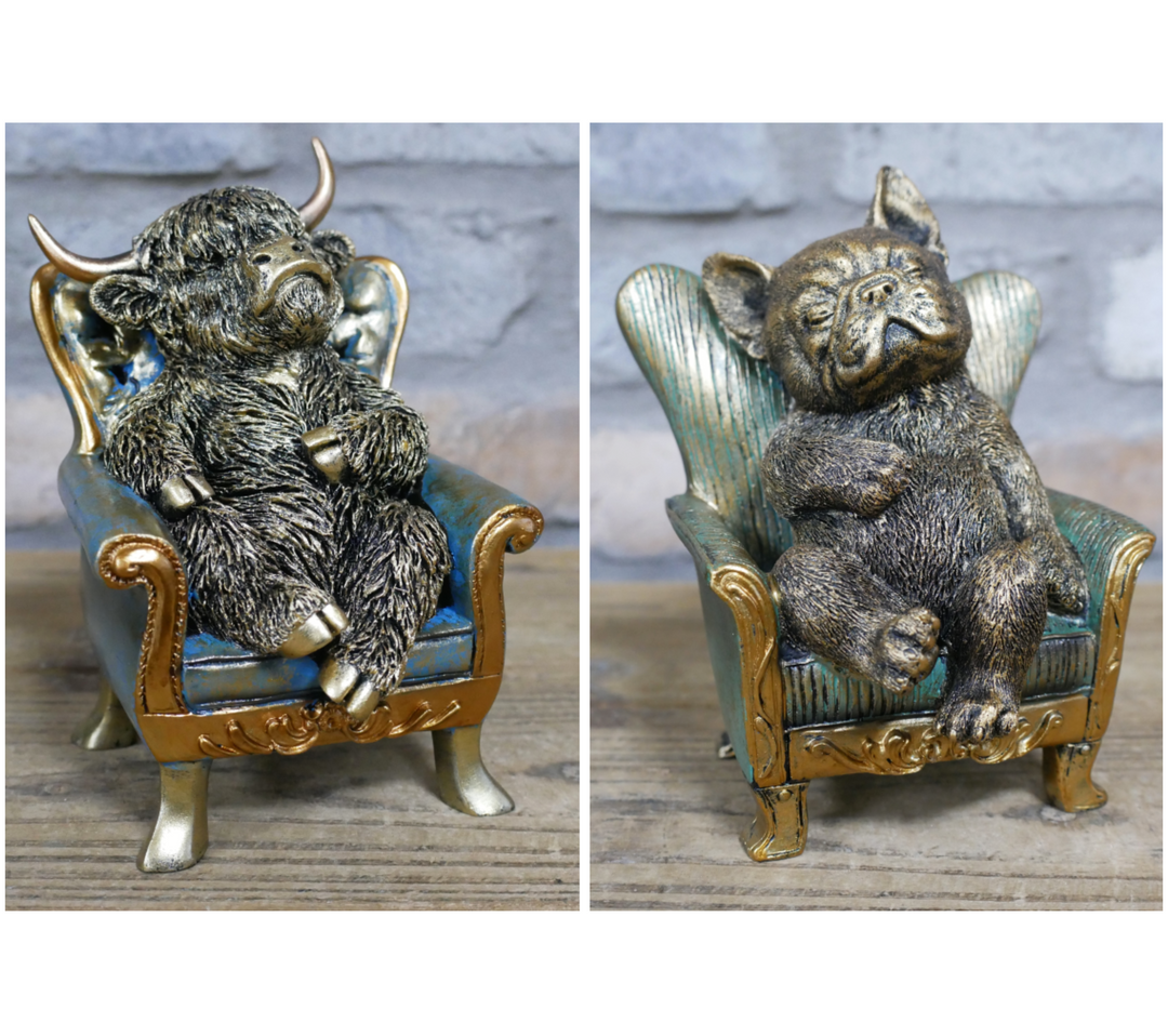 Highland Cow/dog sitting on Chair Antique Finish Figurine Resin Ornament
