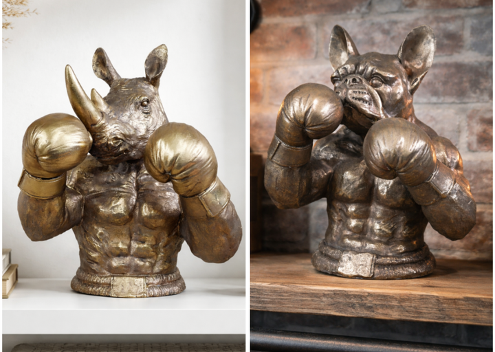 Antique Gold Finish Frenchie & Rhino Boxer Resin Sculpture – Luxury Animal Home Decor Ornament