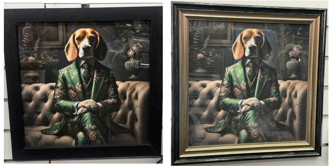 Black & gold step framed Beagle dog in green floral suit picture