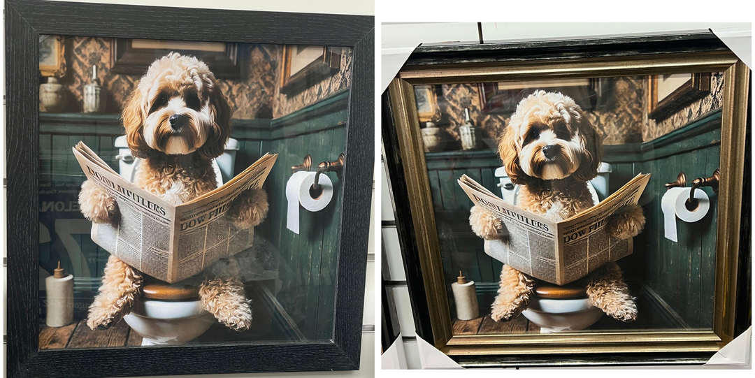 Black and Black & gold step frame Cocka Poo dog on toilet seat newspaper picture