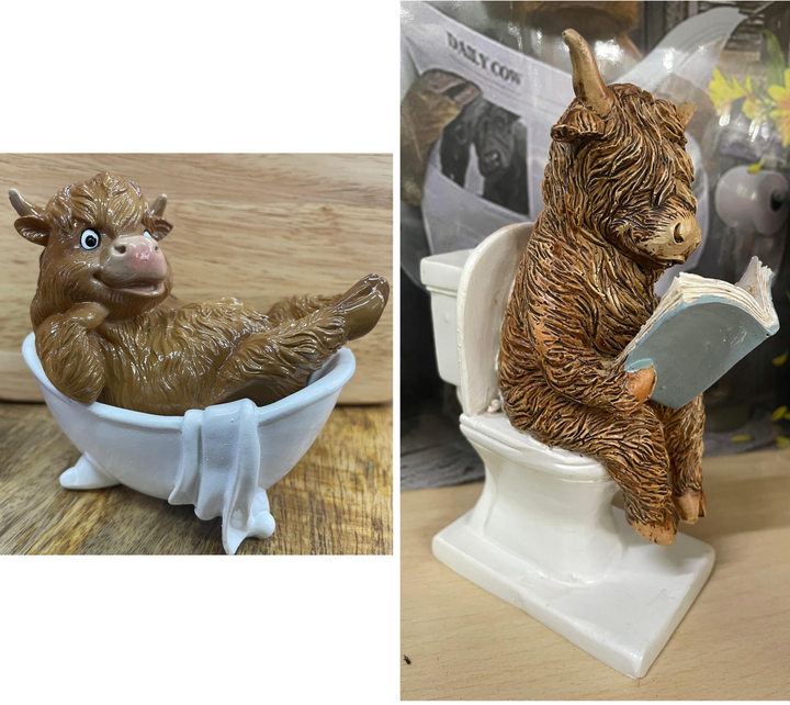 Highland cow in tub & toilet with book quirky ornament
