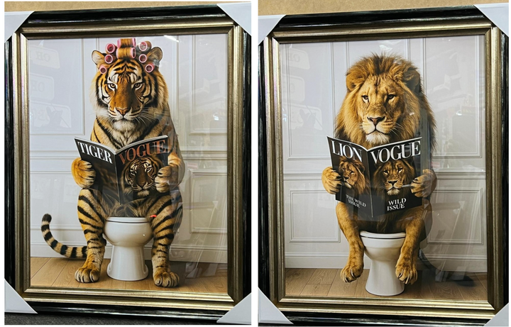 Jungle Animals on Toilet Quirky Wall Art Funny Prints with Black & Gold frame
