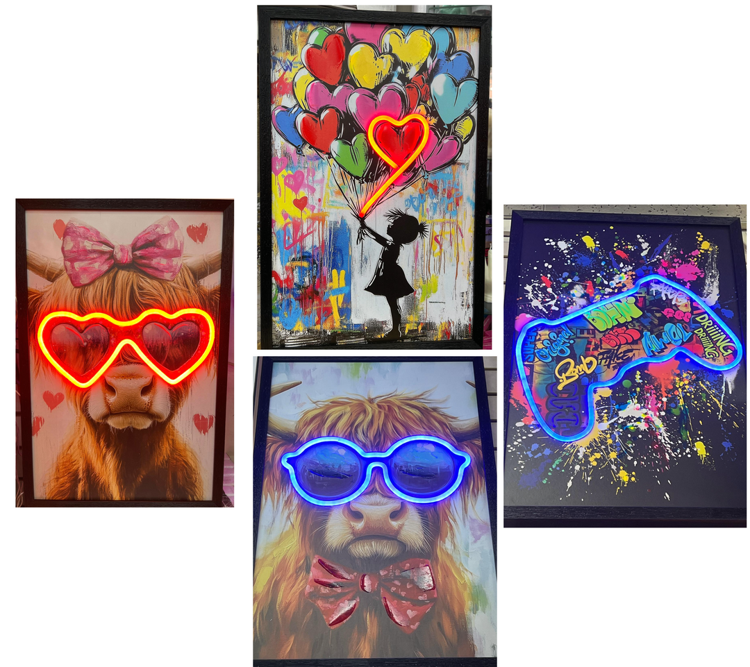 LED Light Up Canvas Picture girl balloon Highland cow Black Frame art USB Cable