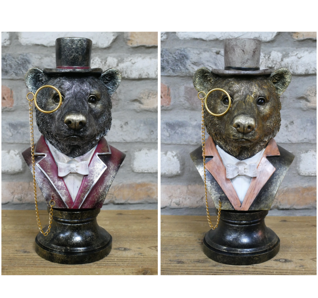 Bear Bust Resin Ornament Wearing Pink or Red Suit with Top Hat & Monocle Quirky Home Décor